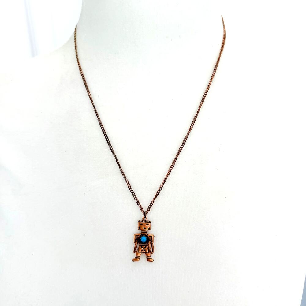 Navajo Kachina Hoop Dancer Turquoise Stone Pendant Bronze Tone Necklace